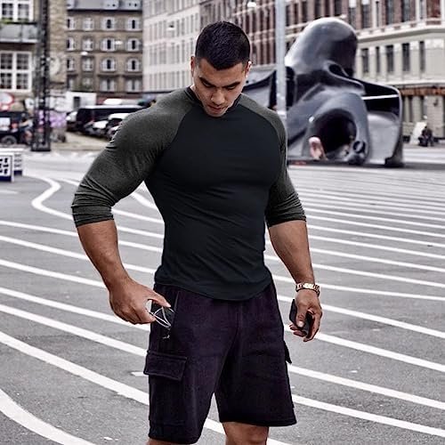 Mens Muscle Cut Raglan T shirts with 3/4 Sleeve Fitness Workout Tops