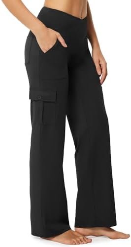 Yoga Pants Women Wide Leg Cargo Pants with Pockets Crossover High Waist Business Casual Dress Pants