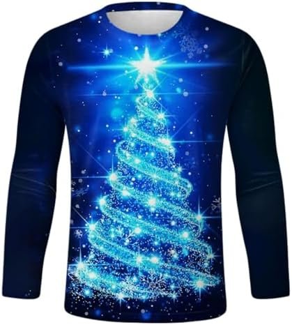 Mens Slim Fit Christmas Graphic T-Shirts Long Sleeve Ugly 3D Xmas Tree Print Crewneck Sweatshirts Pullover Tops