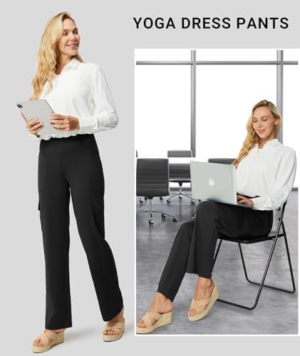 Yoga Pants Women Wide Leg Cargo Pants with Pockets Crossover High Waist Business Casual Dress Pants