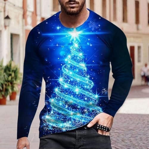 Mens Slim Fit Christmas Graphic T-Shirts Long Sleeve Ugly 3D Xmas Tree Print Crewneck Sweatshirts Pullover Tops