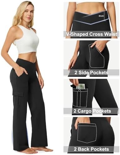 Yoga Pants Women Wide Leg Cargo Pants with Pockets Crossover High Waist Business Casual Dress Pants
