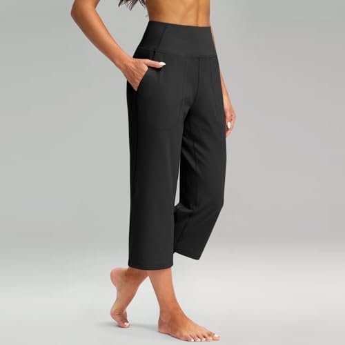 Capri Pants for Women 2024 Summer High Waist Crossover Wide Leg Yoga Capris Loose Tummy Control Cropped Pants with Pockets